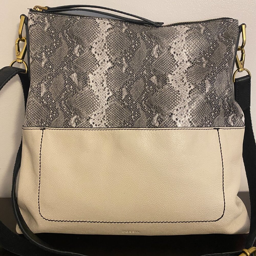 Fossil Amelia Python White Leather Black Hobo Cro… - image 3